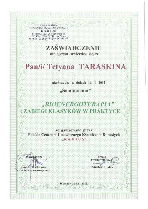 Certyfikat 7 — Tetyana Taraskina, SAUDEMED
